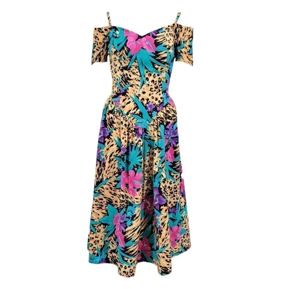 SMW 80s Vintage Drop Waist Off the Shoulder Leopard Cheetah Tropical Dress